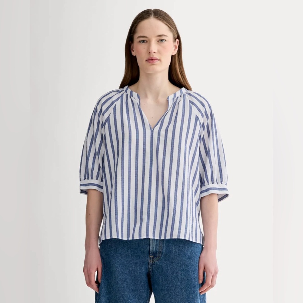 Everlane The Gauze Gathered Top White Mazarine Blue